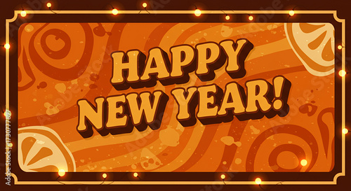 Happy New Year greeting card with orange background and lights  