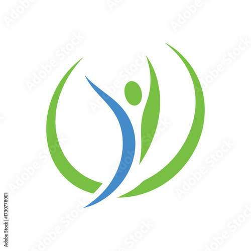 Abstract blue and green human figure with arms raised within a circular frame vector