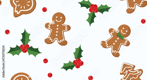 A charming pattern of gingerbread cookies and holly sprigs adorning a white backdrop.