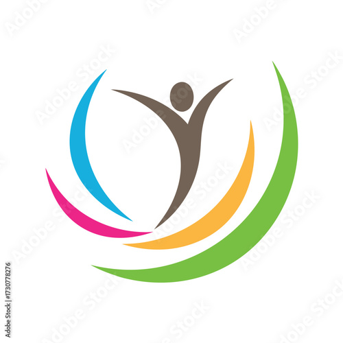 Brown human figure with arms outstretched surrounded by colorful curved swooshes abstract blue