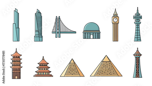 Iconic Landmarks in Illustration: A set of illustrated world landmarks, featuring iconic buildings and structures in a clean, colorful style.