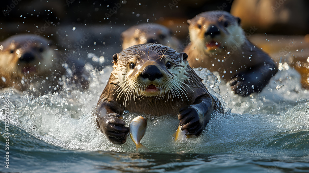 Fototapeta premium Otter swimming with fish in water
