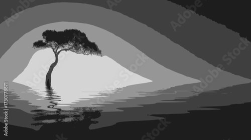 Minimalist grayscale illustration: Solitary tree, reflected in calm water, against abstract wavy layers, peaceful monochrome landscape.