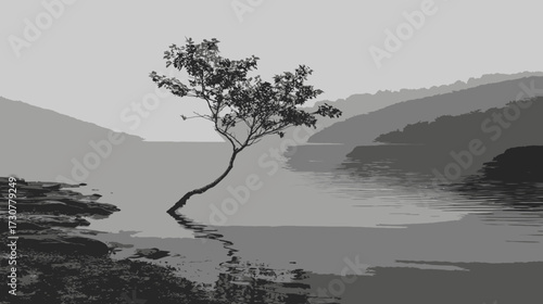 Serene monochrome landscape with a solitary leaning tree reflected in still water, featuring distant layered hills and tranquil reflections.