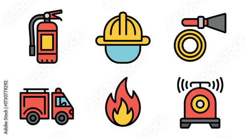 Vector art of fire safety equipment icons set of firefighter tools, fire truck, extinguisher, helmet, fire alarm, and hose