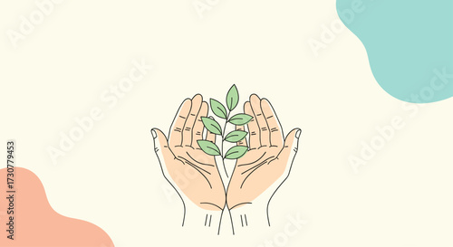 Hands gently holding a small green plant seedling.