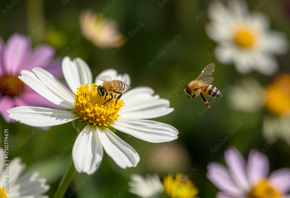 Obraz premium A bee collecting nectar from a daisy flower with other flowers in the background