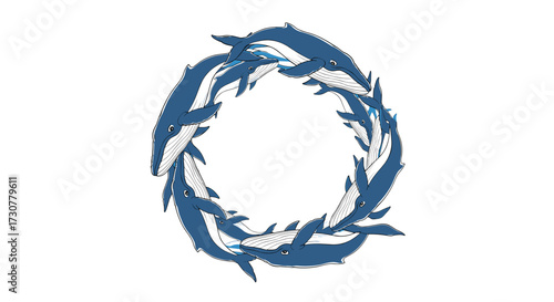 A circle of dolphins swimming in unison creating a beautiful marine life pattern.