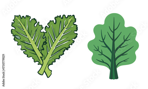 Flat vector National Kale Day design including kale leaf patterns, organic badges, salad bowls, smoothies, and playful cartoon characters in bold outlines and clean solid colors