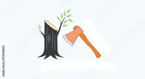 An axe is about to chop down the remaining part of a tree.