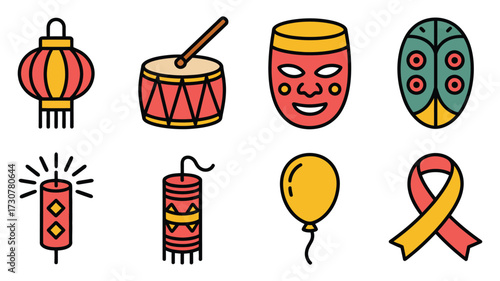 Vector Illustration of chinese new year celebration icons includes lantern, drum, mask, firecracker, balloon and ribbon