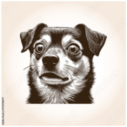 Funny shocked dog face meme. Surprised puppy with wide eyes in a retro halftone dot print style. Sepia vector pet portrait illustration for animal lovers.