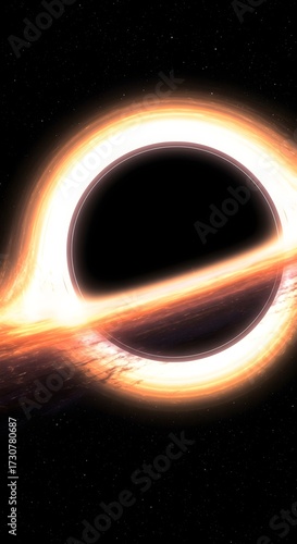 Photography Black Hole with Accretion Disk, A scientific visualization of a black hole, showing the intense gravity lensing the light of its accretion disk