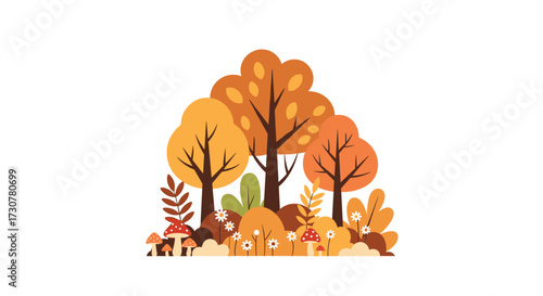 A beautiful autumnal forest scene with colorful trees and mushrooms.