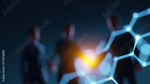 Business teamwork and innovation concept, flat minimal icons, glowing futuristic digital patterns