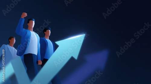 Business teamwork and success illustration, flat design, glowing digital abstract background