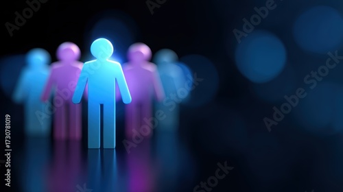 Business teamwork and success concept, flat minimal icons, digital glowing abstract background