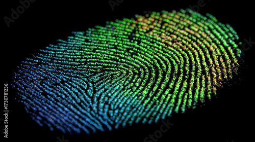 Luminescent fingerprint on black background, close-up. Digital identification concept