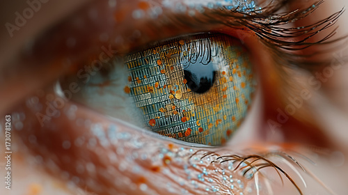 Human eye with digital pattern on iris - concept of uniqueness, identity, biometric identification