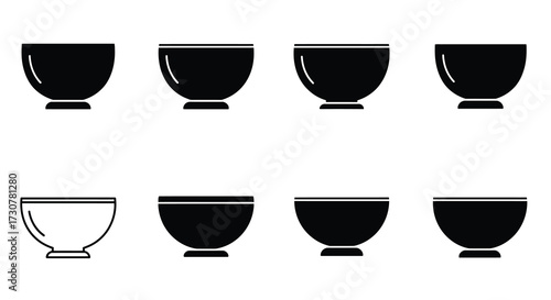 Simple black and white illustration of various small bowl shapes displayed
