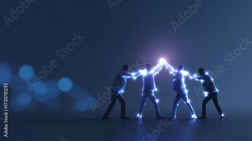 Teamwork and business success concept, flat minimal icons, glowing abstract digital background