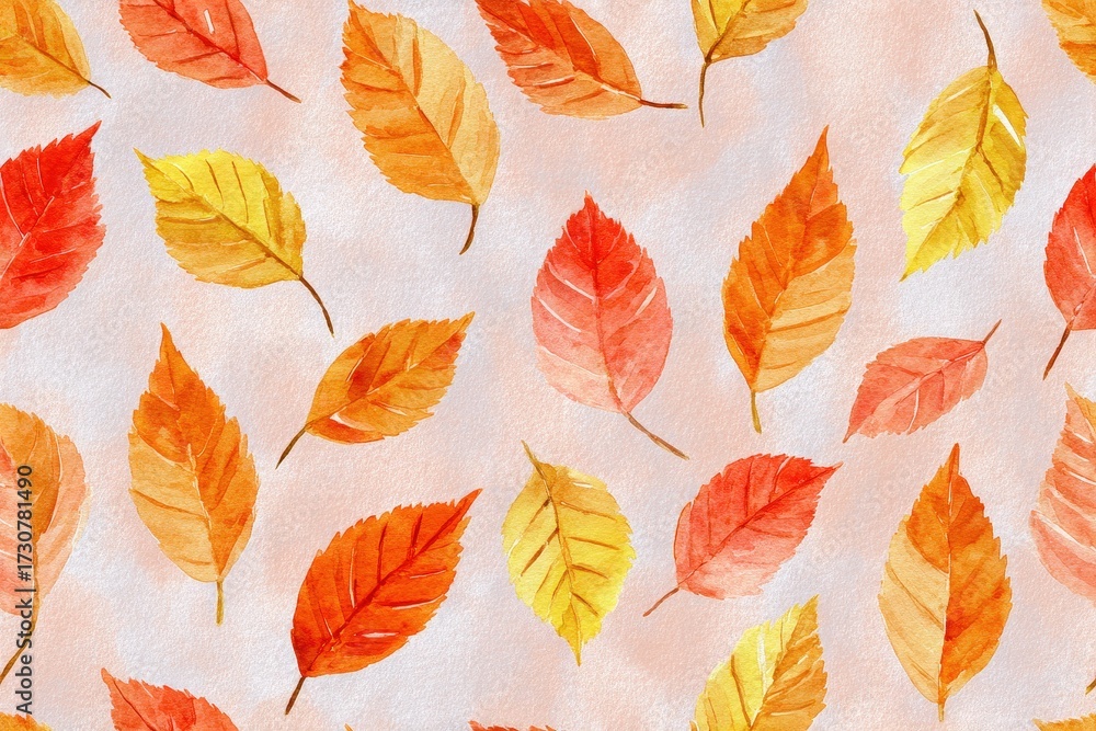 Obraz premium Seamless Watercolor Autumn Leaves Pattern – Warm Orange & Red Tones, Hand-Painted Fall Design