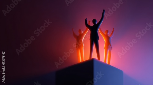 Business teamwork and success illustration, flat minimal icons, digital glowing abstract futuristic background