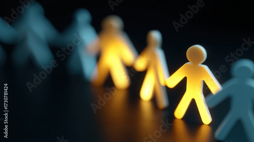 Teamwork and business success concept, flat minimal icons, digital glowing abstract background