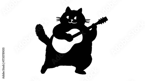 Charming black cat silhouette playing acoustic guitar, a cute cartoon illustration for music, pets, and animal themes.