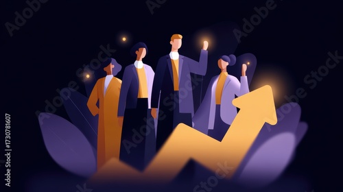 Business teamwork and success illustration, flat design, glowing digital abstract background