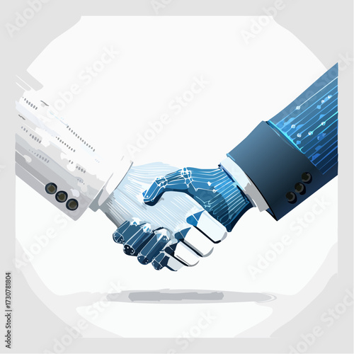 Handshake between a robot and a human: symbolizing business, technology and cooperation