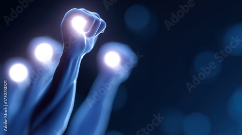 Teamwork and business success concept, flat minimal icons, glowing abstract digital background