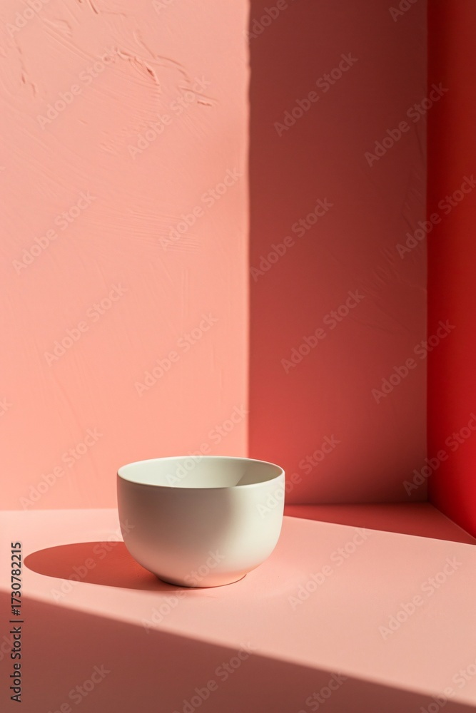Obraz premium Minimalist White Ceramic Bowl on Soft Pink Surface with Dynamic Shadows and Gentle Light in Contemporary Interior Design