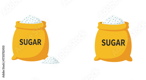 Two yellow sacks labeled sugar with some spilled sugar granules below