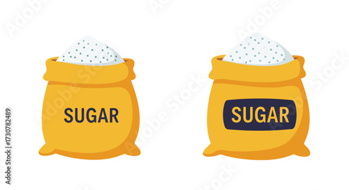Two yellow sacks filled with white sugar clearly labeled for identification