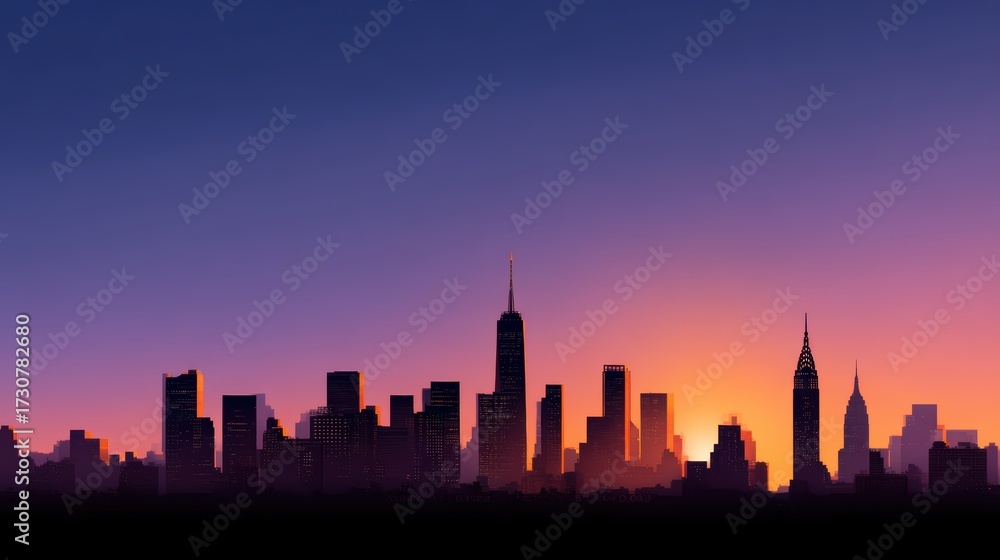 Fototapeta premium New York skyline panorama, sunset glow, flat minimal layout