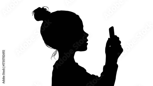 Silhouette of a young person holding a smartphone, capturing content or viewing screen. Concept of digital age and modern communication.
