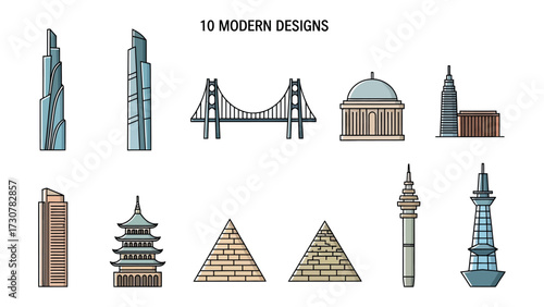 Iconic Architecture Showcase: A captivating graphic of ten iconic architectural designs, representing diverse structural marvels, each reflecting history and modern innovation.