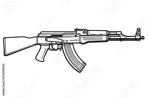A classic vector illustration of an AK-47 assault rifle, a symbol of military and political conflict. Perfect for designs with a tactical, historical, or security theme.