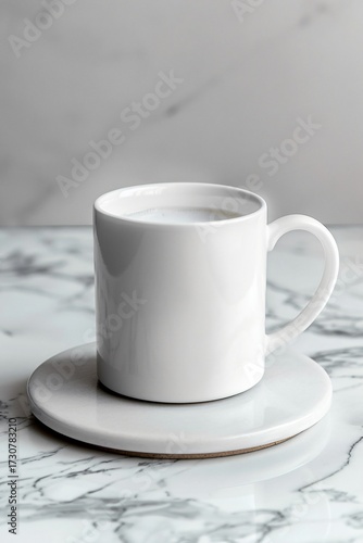 Classic White Ceramic Coffee Mug on Round Saucer Set Against a Polished Marble Tabletop