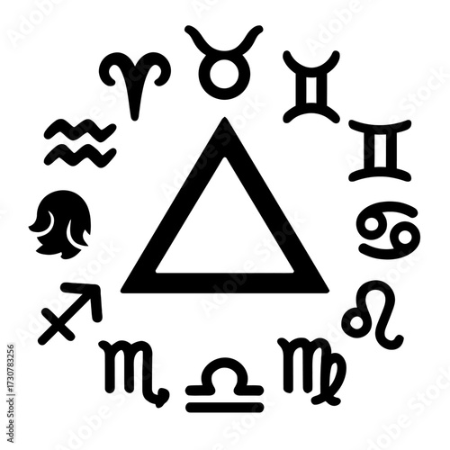 A mystical vector illustration of a zodiac wheel surrounding a triangle, a bold graphic for astrology, spirituality, and cosmic themes.