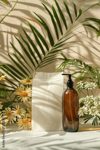 Amber Bottle with Pump and Eco-Friendly Packaging Surrounded by Greenery and Floral Accents in Serene Natural Setting