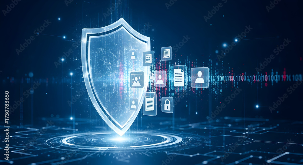 Obraz premium Secure digital shield protecting sensitive data and user information in a vibrant network of connections