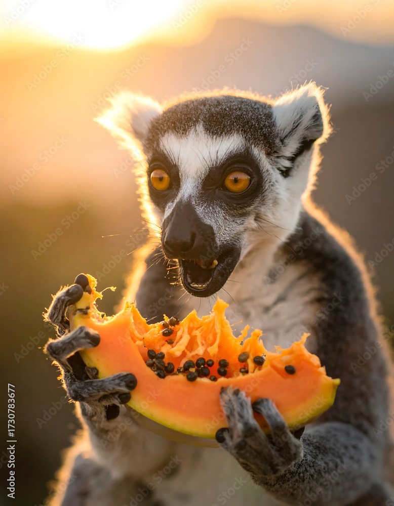 Obraz premium Ring-tailed lemur eating papaya at sunset