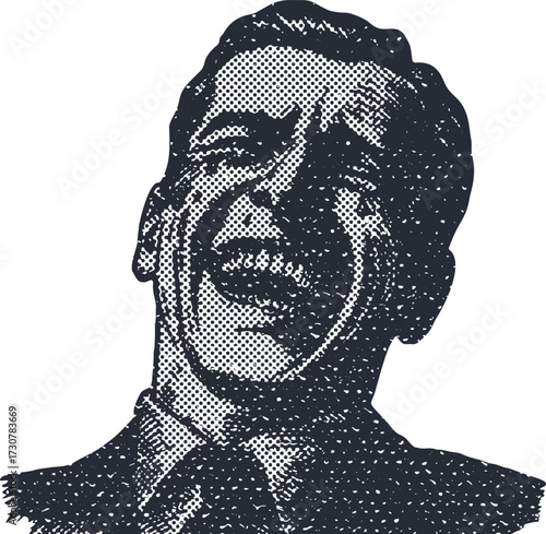 Vintage halftone illustration of a man laughing hysterically. Retro pop art style graphic of a joyful face with tears of laughter. Funny emotional expression.