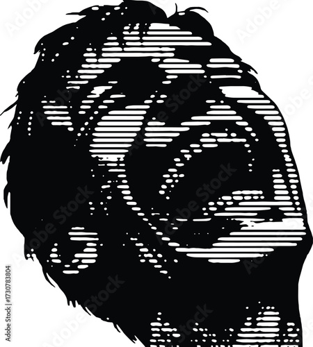 Linocut style black and white art of a face laughing with tears of joy. Abstract emotional expression graphic illustration, royalty-free vector for design.