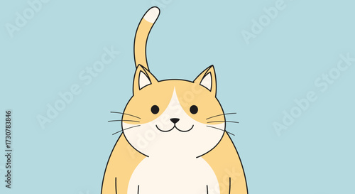 A cheerful cartoon cat with orange and white fur, tail raised, against a light blue background.