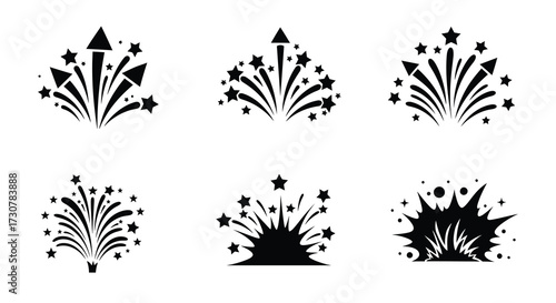 Collection of black and white firework illustrations with stars and sparkles