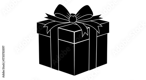 A black and white illustration of a gift box tied with an elegant bow.