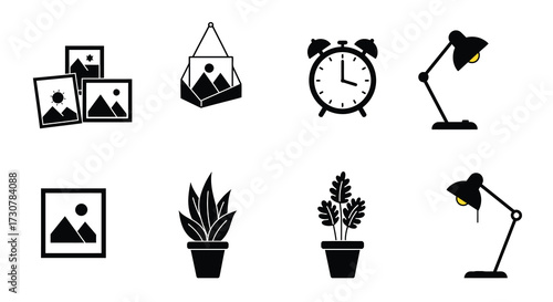 A collection of simple black icons including photos plants and lamps
